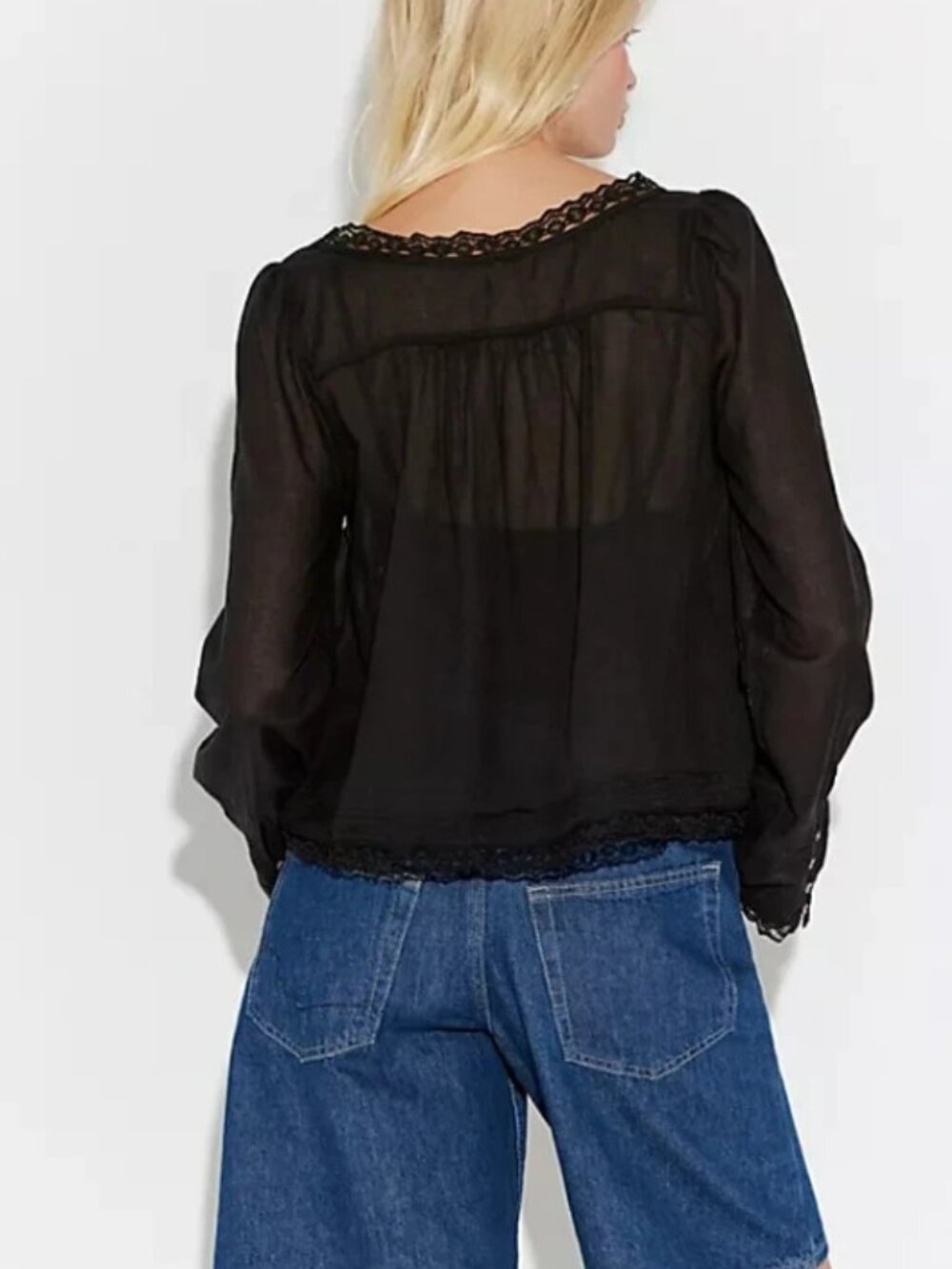 Free People Forevermore Long-Sleeve Blouse Top Lace Black XS - Picture 2 of 6